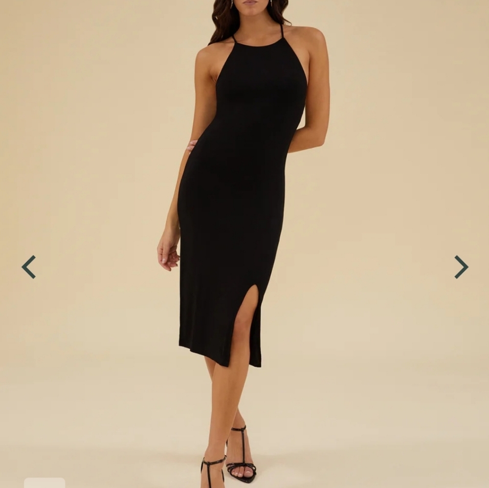 Black slit front midi dress